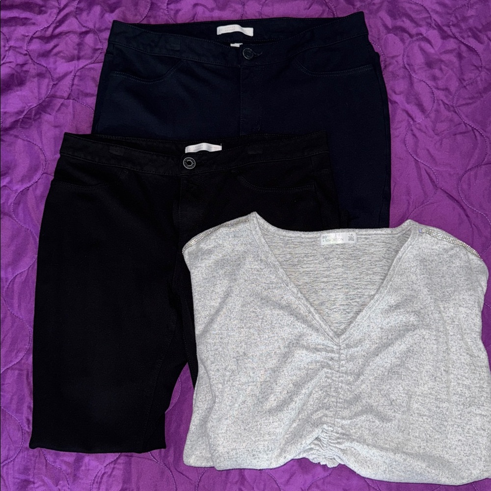 Gray Ruched Top and Black and Navy Pants Bundle